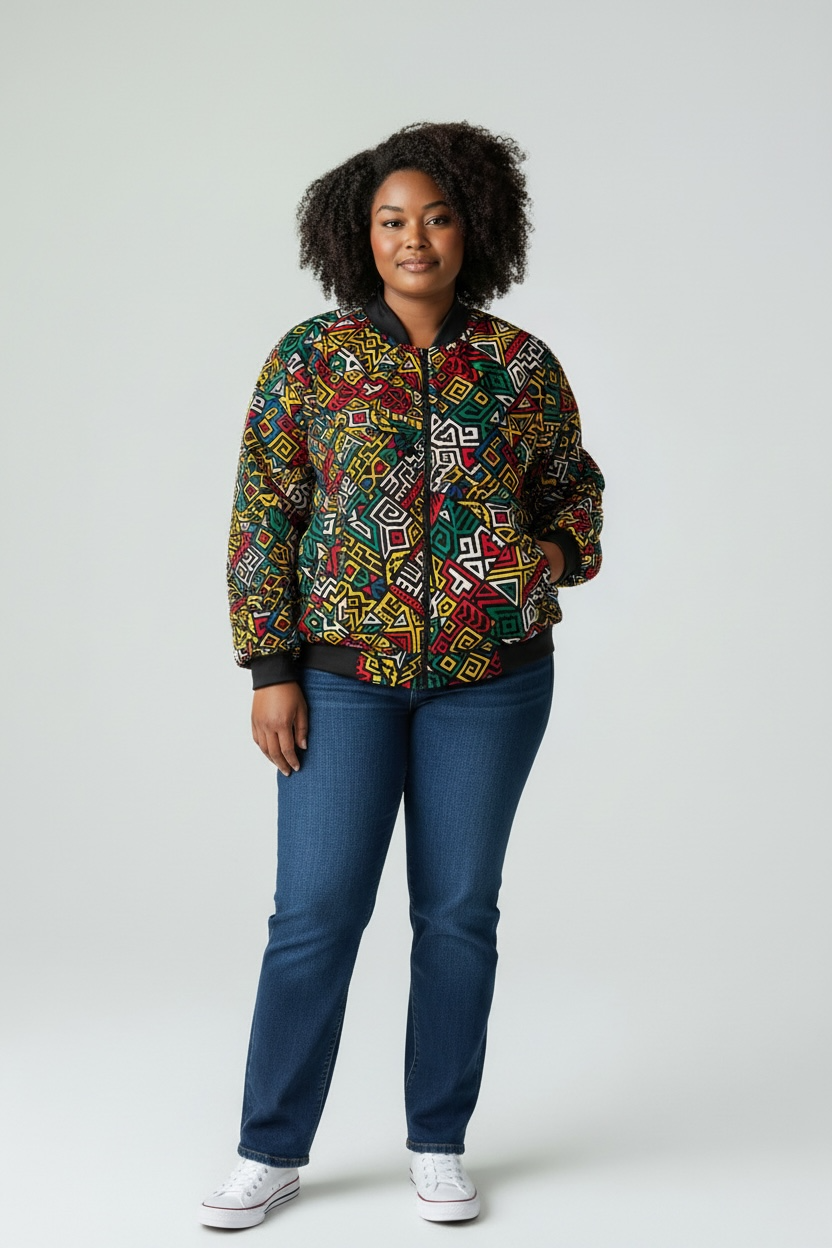 Female Double Lined Ankara Bomber Jacket - Image 3