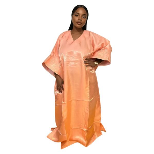 Shiny Maxi Dress/Boubou With Embroidered Sleeves And Inner Belt - Image 9
