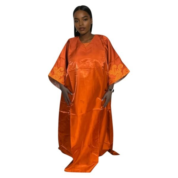 Shiny Maxi Dress/Boubou With Embroidered Sleeves And Inner Belt - Image 6