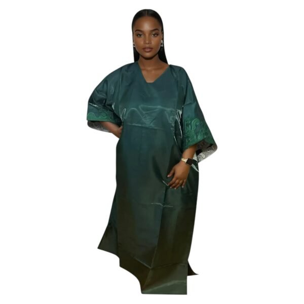 Shiny Maxi Dress/Boubou With Embroidered Sleeves And Inner Belt - Image 4