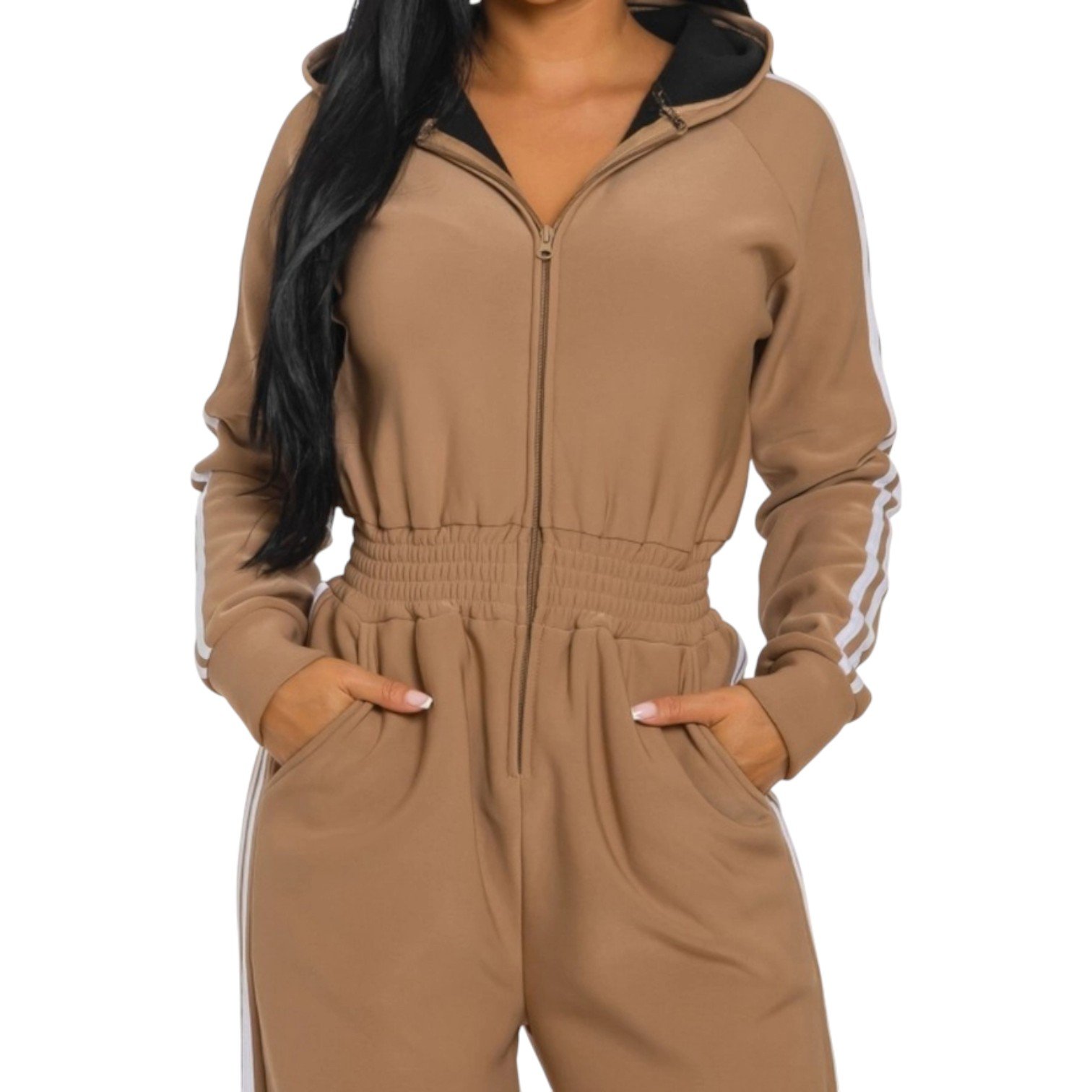 Women’s Luxe Stripe Jumpsuit – Zip-Up Hooded One-Piece - Image 12