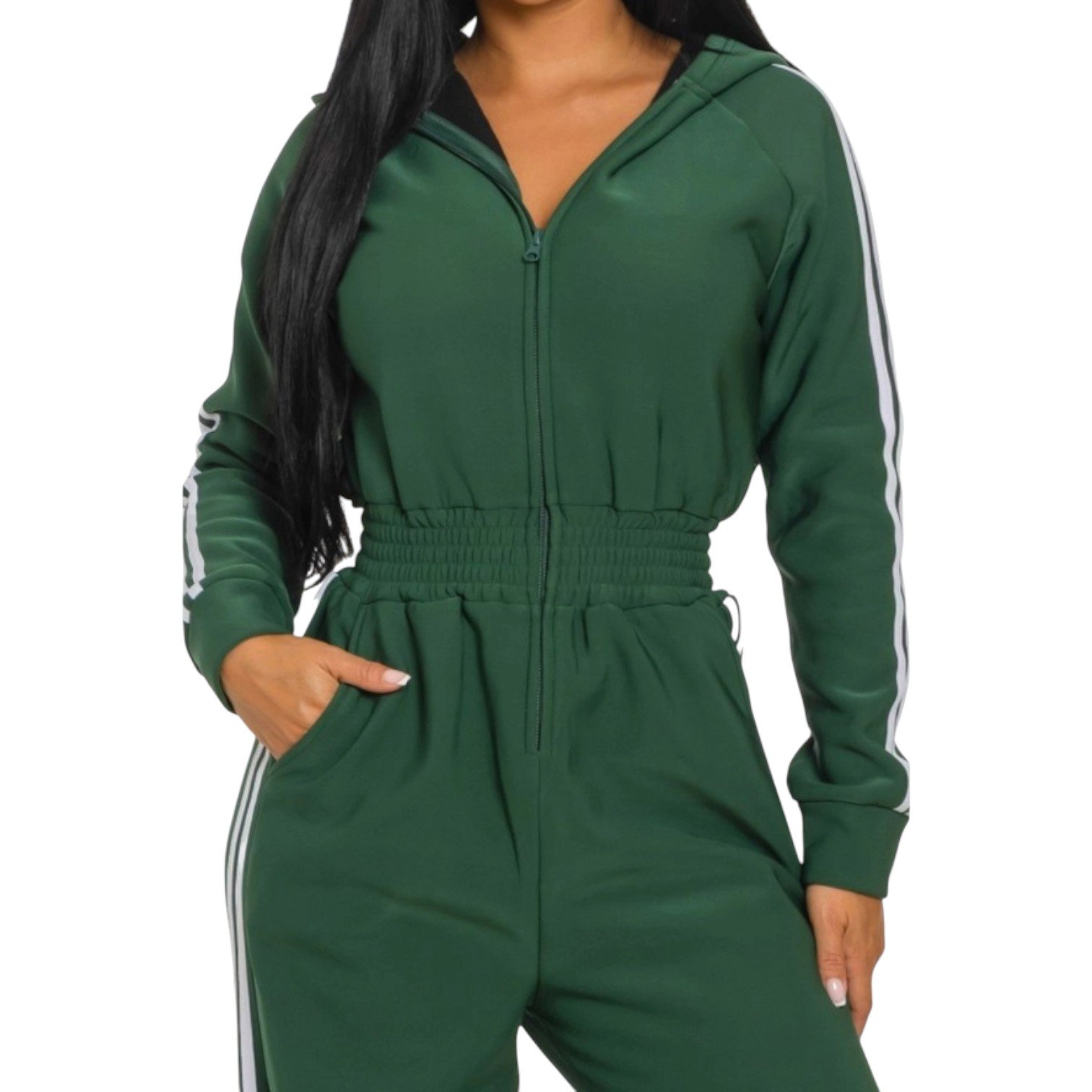 Women’s Luxe Stripe Jumpsuit – Zip-Up Hooded One-Piece - Image 11