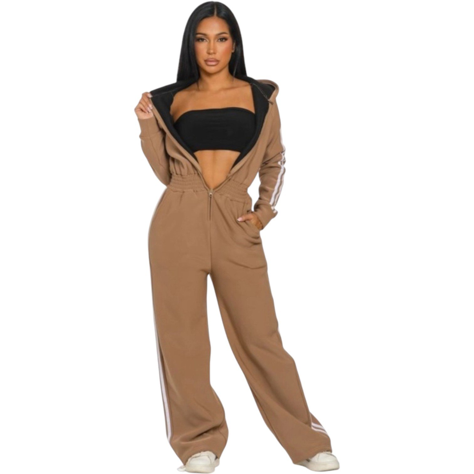 Women’s Luxe Stripe Jumpsuit – Zip-Up Hooded One-Piece - Image 10