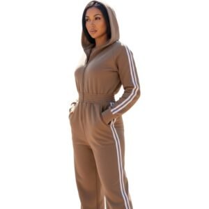 Women’s Luxe Stripe Jumpsuit – Zip-Up Hooded One-Piece