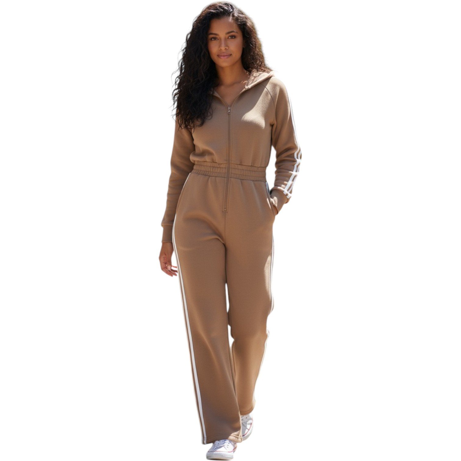 Women’s Luxe Stripe Jumpsuit – Zip-Up Hooded One-Piece - Image 4