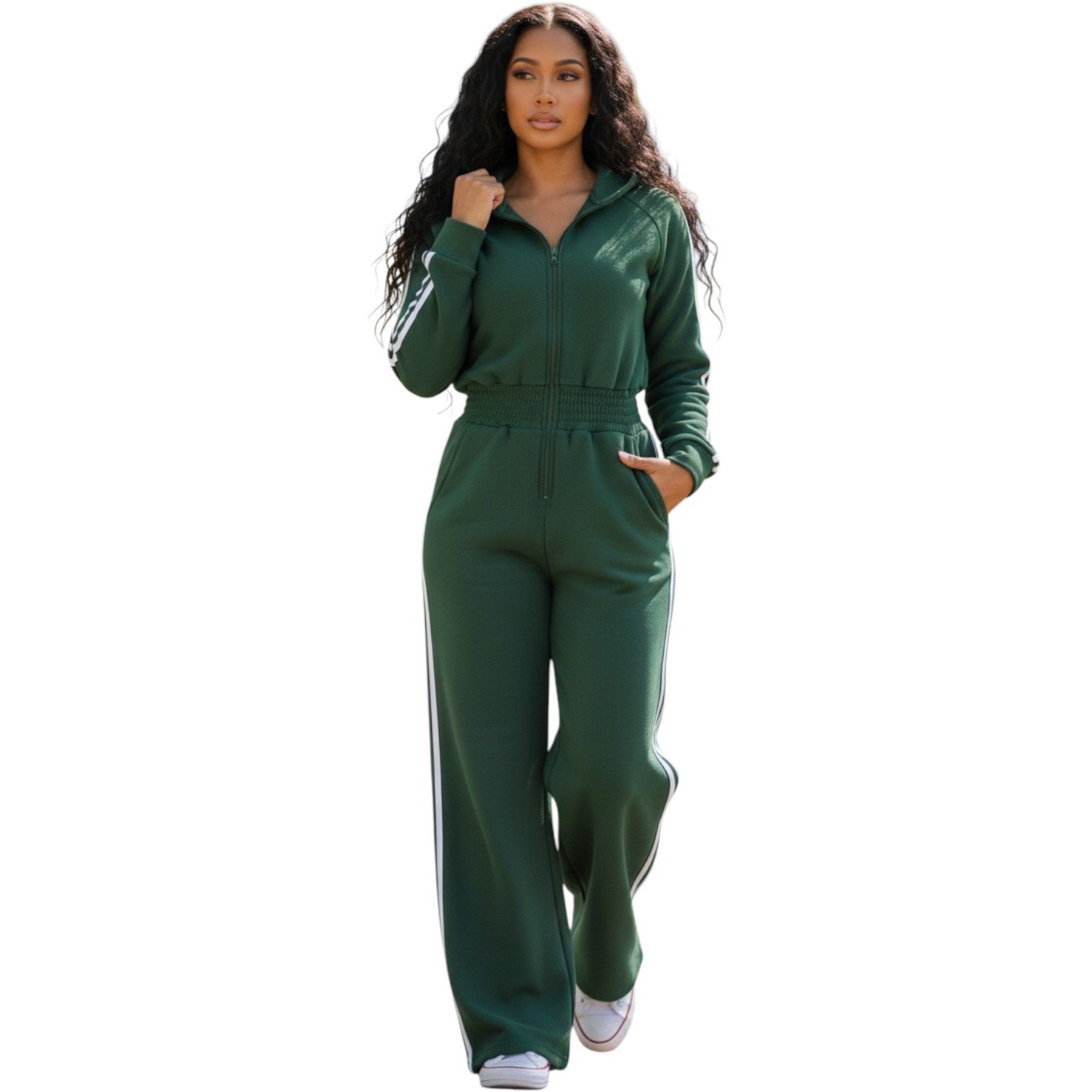 Women’s Luxe Stripe Jumpsuit – Zip-Up Hooded One-Piece - Image 5