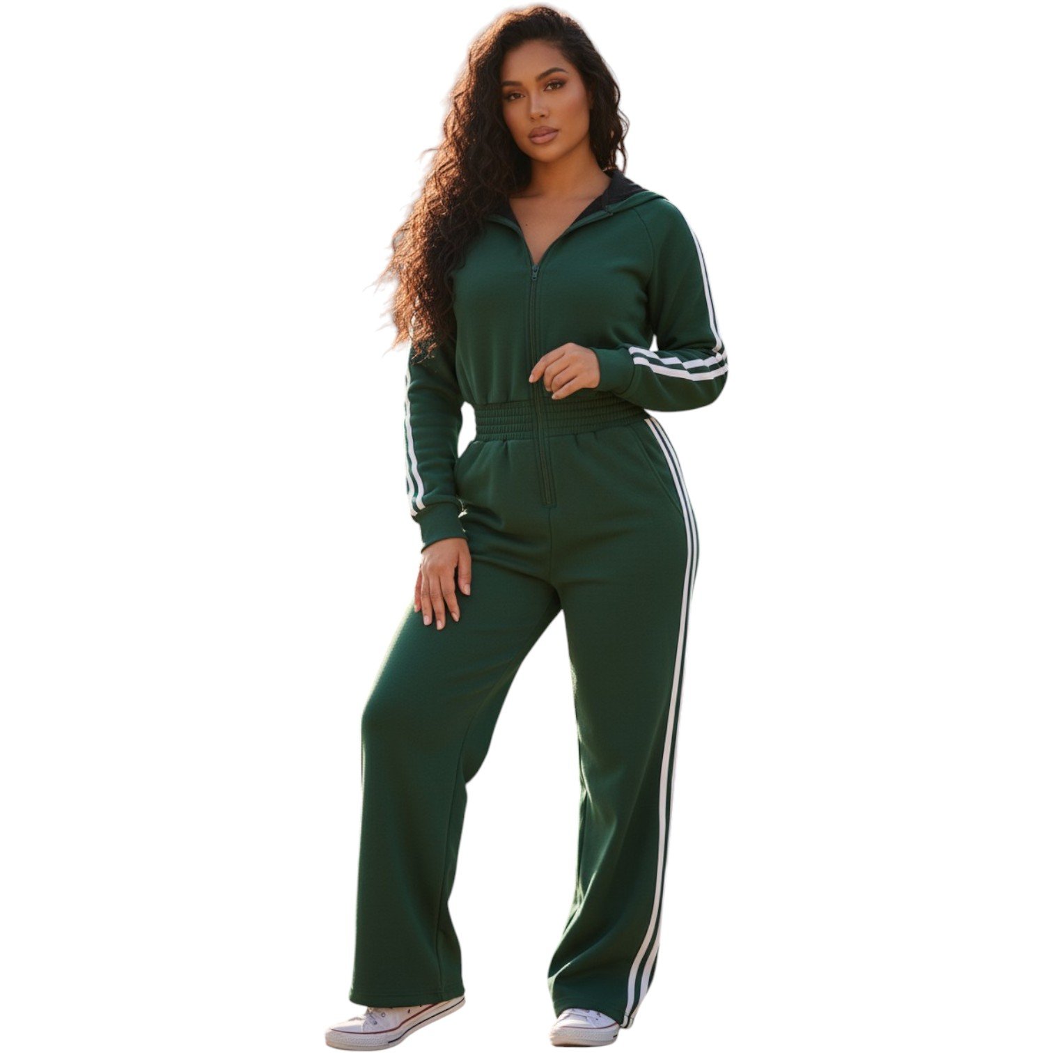 Women’s Luxe Stripe Jumpsuit – Zip-Up Hooded One-Piece - Image 9