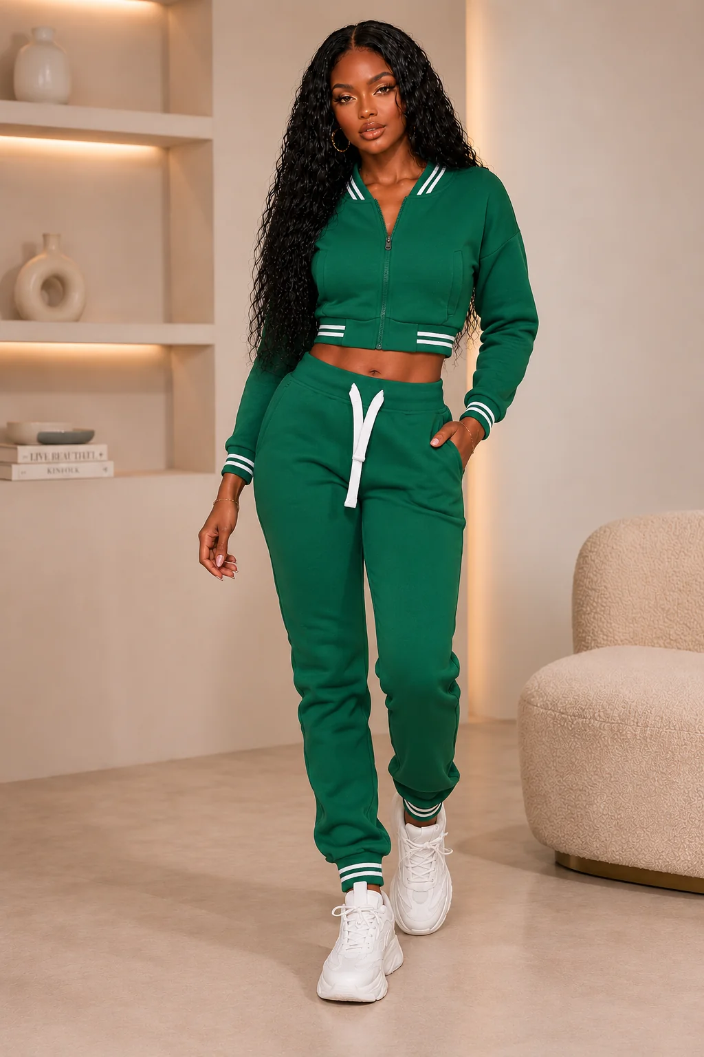 ACCESS Women's Varsity Fleece Tracksuit 2-Piece Cropped Jacket & Jogger Set - Image 2